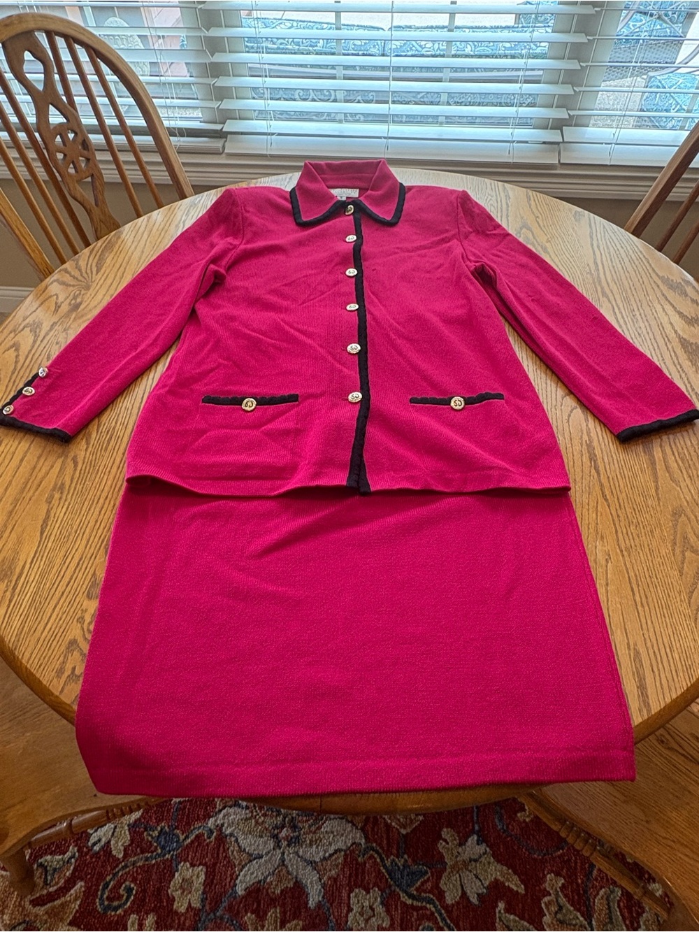 St. John Santana Knit Vintage Hot Pink Black Jacket Skirt Suit Set 16 For Repair